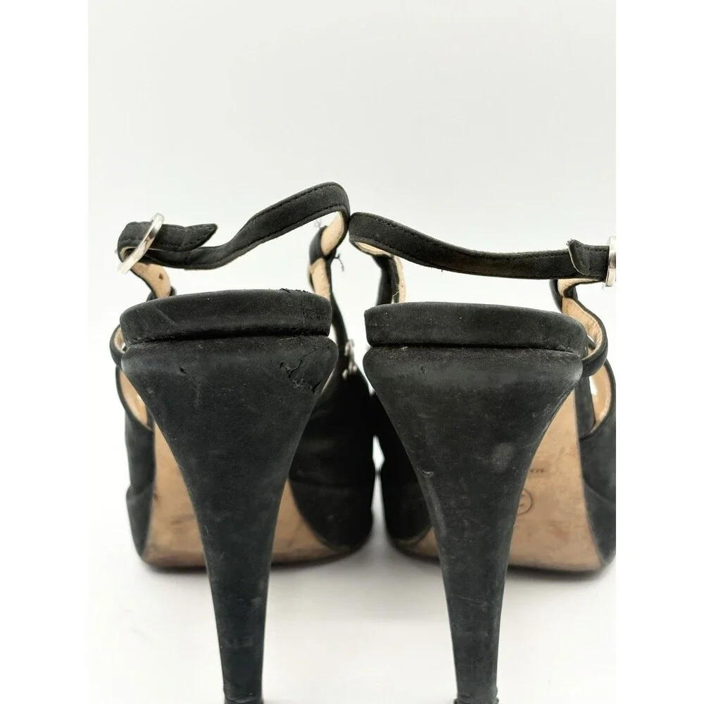 Chanel Black Suede Slingback Platform Cap Toe Heels Silver CC Logo Size EU 37.5